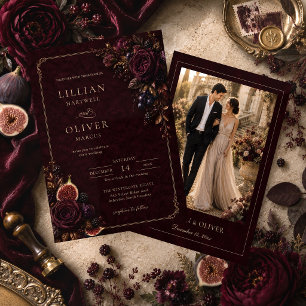 Luxury Burgundy Velvet Floral Photo Wedding Invitation