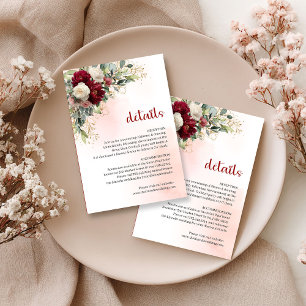 Luxury Burgundy White Floral Gold Wedding Info Enclosure Card