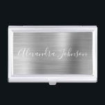 Luxury Busines Silver Foil Modern Business Card Holder<br><div class="desc">Silver Foil Metallic Stainless Steel Minimalist Business Card Holder with white lettered script signature typography for the monogram. The Foil Metal Business Card Holders can be customized with your name. Please contact the designer for customized matching items.</div>