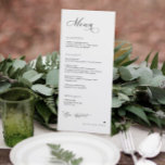 Luxury Calligraphy Elegant Wedding Reception Menu<br><div class="desc">Simple elegant wedding dinner menu: This elegant and simple black and white wedding menu captures a soft, romantic feel that perfectly complements any modern and timeless wedding theme. Personalized with the couple's names, the front of the menu beautifully showcases each course in a clean and sophisticated layout, exuding understated elegance....</div>