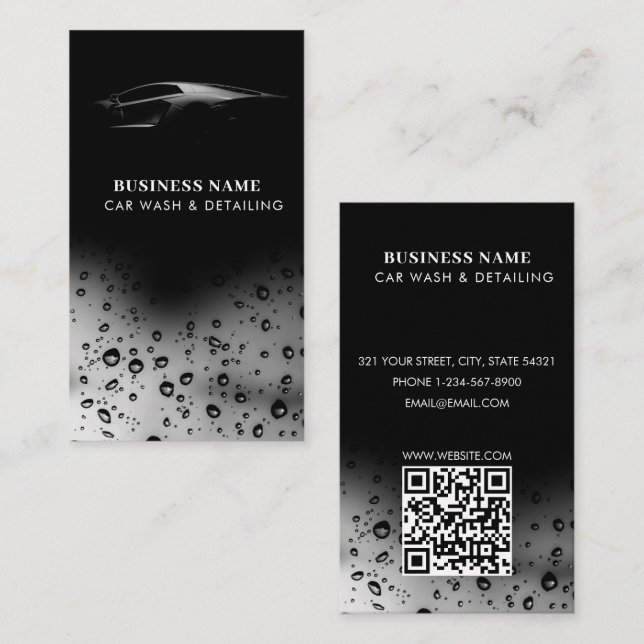 Luxury Car Wash Automotive Cleaning QR Code Black Business Card (Front/Back)