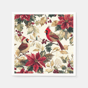 Luxury Cardinal Poinsettia Christmas Cream Red Napkin