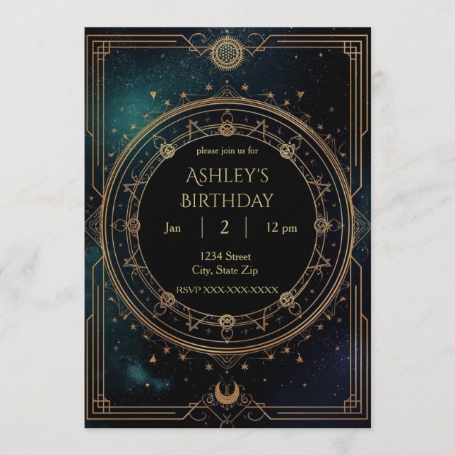 Luxury Celestial Birthday Invitation – Midnight (Front)
