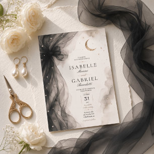 Luxury Celestial Moon Black Tulle Bow Crescent Invitation