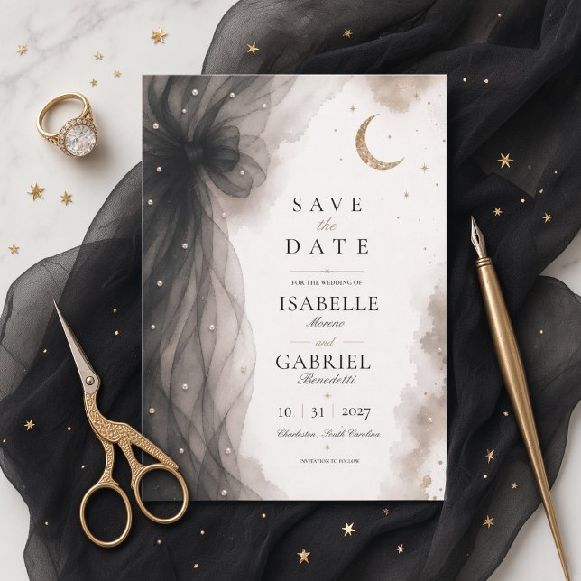 Luxury Celestial Moon Save the Date Card Black  (Creator Uploaded)