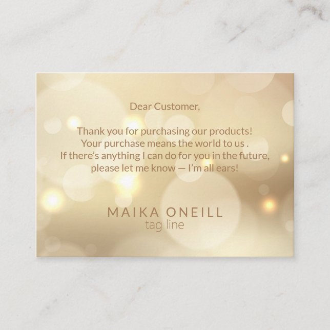 Luxury Champagne Bokeh thank you for your purchase Business Card (Front)