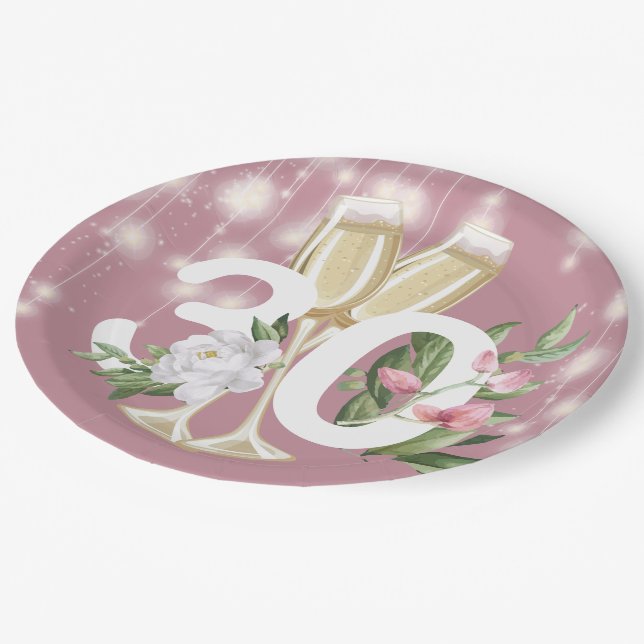 Luxury Champagne Floral 30th Birthday Paper Plate (Angled)