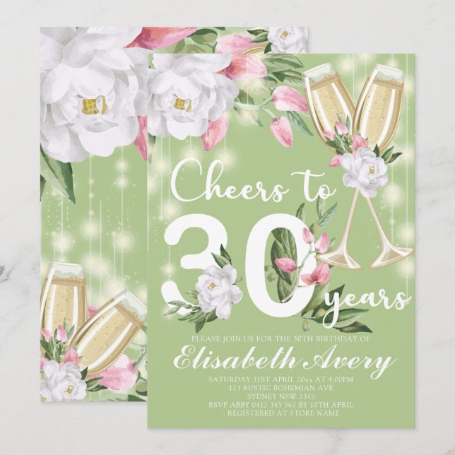 Luxury Champagne Floral 30th Birthday Party Invitation (Front/Back)