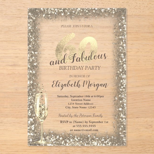 Luxury Champagne Glass Gold Confetti Frame 60th  Acrylic Invitations (Front)