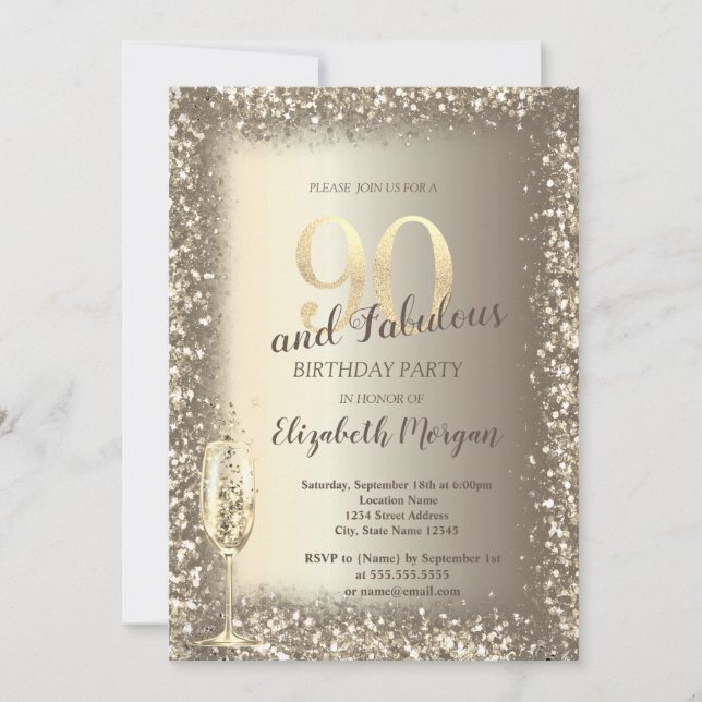 Luxury Champagne Glass Gold Confetti Frame 90th  Invitation (Front)