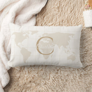 Luxury Champagne Gold Map Monogram Initial Lumbar Pillow