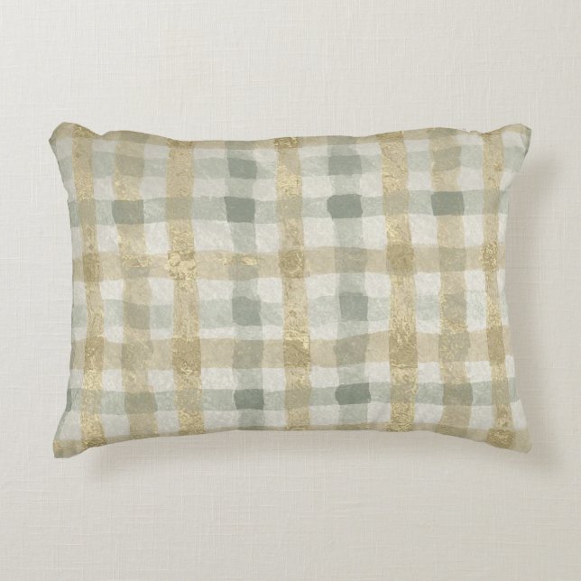 Luxury Checked, Gold Grey Beigi Pattern Accent Pillow (Front)