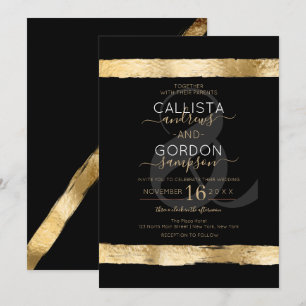 Luxury Chic Black Gold Brushstroke Border Wedding Invitation