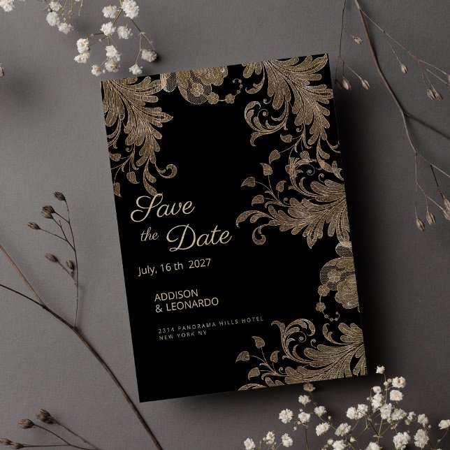 Luxury chic black gold floral lace Save the Date  Invitation (Luxury chic black gold floral lace Save the Date)