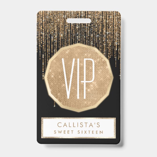 Luxury Chic Black Gold Sparkly Glitter Fringe Badge (Front)