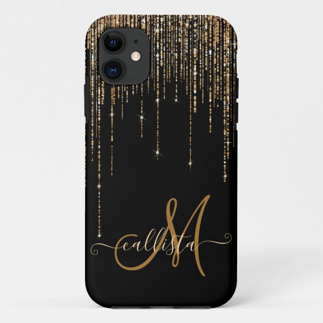 Luxury Chic Black Gold Sparkly Glitter Fringe Case-Mate iPhone Case (Back)