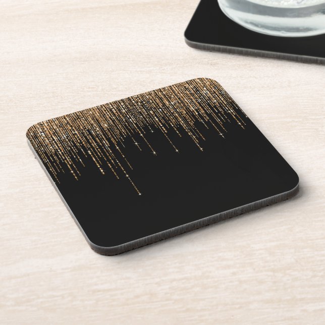 Luxury Chic Black Gold Sparkly Glitter Fringe Coaster (Left Side)