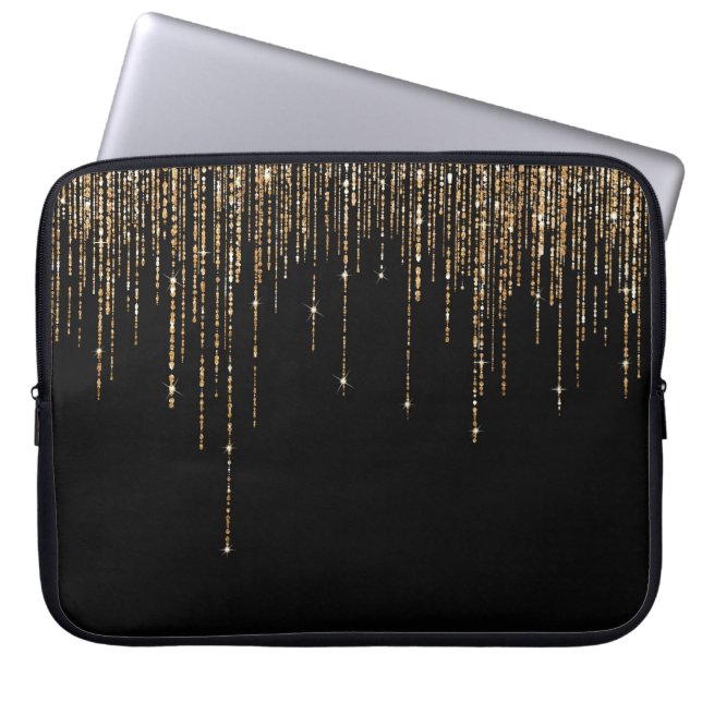 Luxury Chic Black Gold Sparkly Glitter Fringe Laptop Sleeve (Front)
