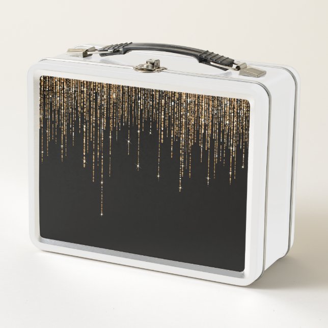 Luxury Chic Black Gold Sparkly Glitter Fringe Metal Lunch Box (Front)
