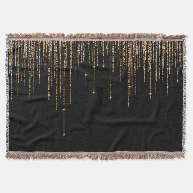 Luxury Chic Black Gold Sparkly Glitter Fringe Throw Blanket (Front)