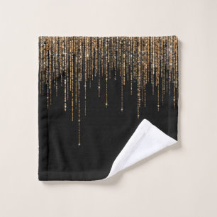 Luxury Chic Black Gold Sparkly Glitter Fringe Wash Cloth