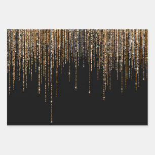 Luxury Chic Black Gold Sparkly Glitter Fringe Wrapping Paper Sheet