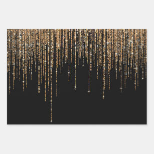 Luxury Chic Black Gold Sparkly Glitter Fringe Wrapping Paper Sheet