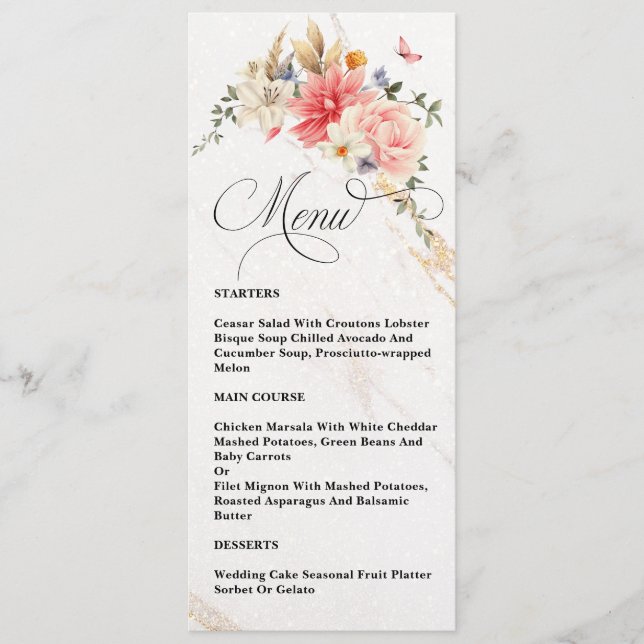 Luxury Chic Calligraphy Pink Floral Wedding  Menu (Front)