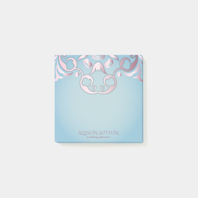 Luxury Chic Elegant Pink Border On Aquamarine Blue Post-it Notes (Front)