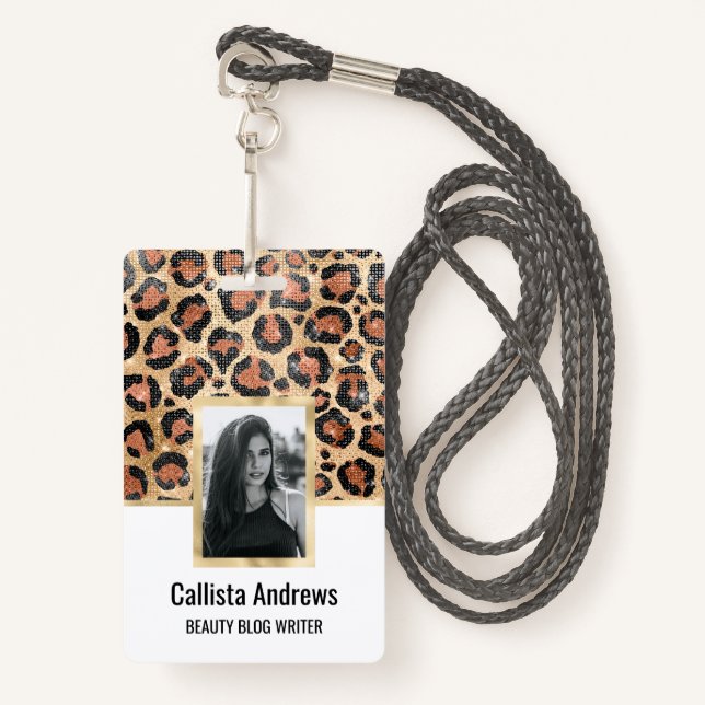 Luxury Chic Gold Black Brown Leopard Animal Print Badge (Front with Lanyard)