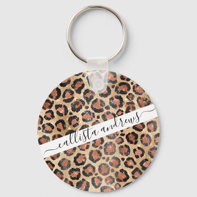 Luxury Chic Gold Black Brown Leopard Animal Print Keychain (Front)