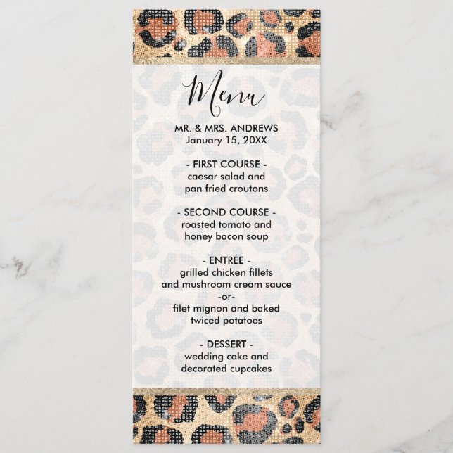 Luxury Chic Gold Black Brown Leopard Animal Print Menu (Front)