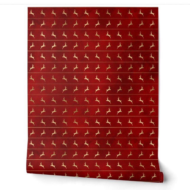 Luxury Chic Gold Reindeer Red Christmas Holidays Wallpaper (Unrolling)