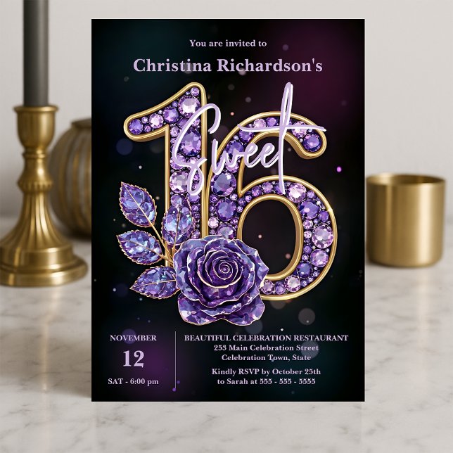 Luxury Chic Purple Amethyst Gemstone Rose Sweet 16 Invitation (Creator Uploaded)