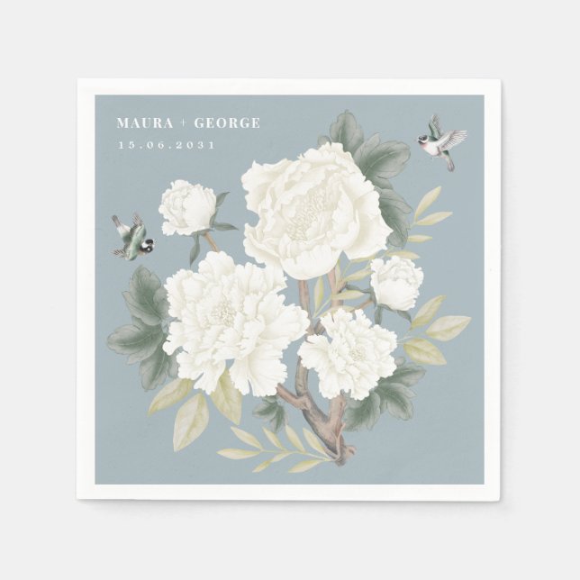 Luxury Chinoiserie Dusty Blue Ivory Floral Wedding Napkin (Front)