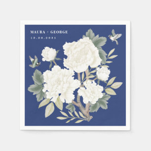 Luxury Chinoiserie Navy Blue Ivory Floral Wedding Napkin