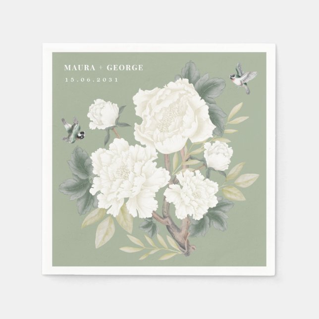 Luxury Chinoiserie Sage Green Ivory Floral Wedding Napkin (Front)