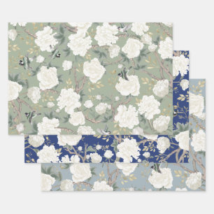 Luxury Chinoiserie Sage Green Ivory Flowers Birds Wrapping Paper Sheet