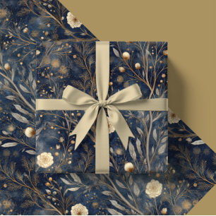 Luxury Christmas Navy and Cream Floral Gift  Wrapping Paper