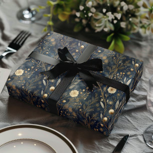 Luxury Christmas Navy and Cream Floral Gift  Wrapping Paper Sheet