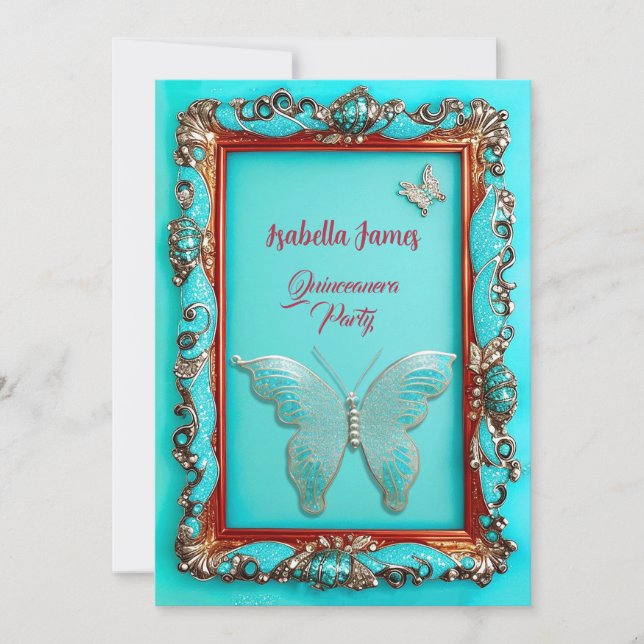 luxury classy gold turquoise Butterfly Quinceanera Invitation (Front)