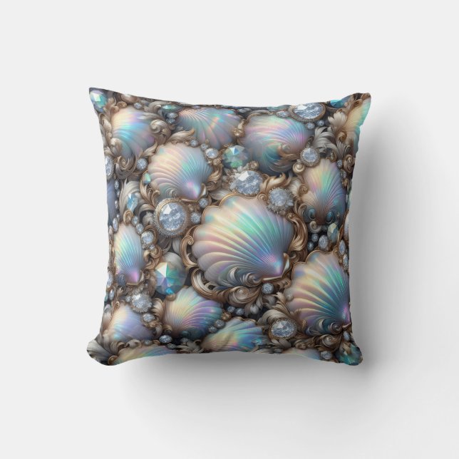 Luxury Coastal Decor | Diamonds and Seashells  Throw Pillow (Front)