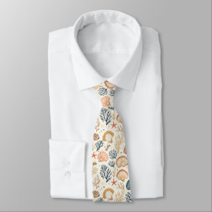 Luxury Coastal Seashell Blue Coral Peach Pattern Tie