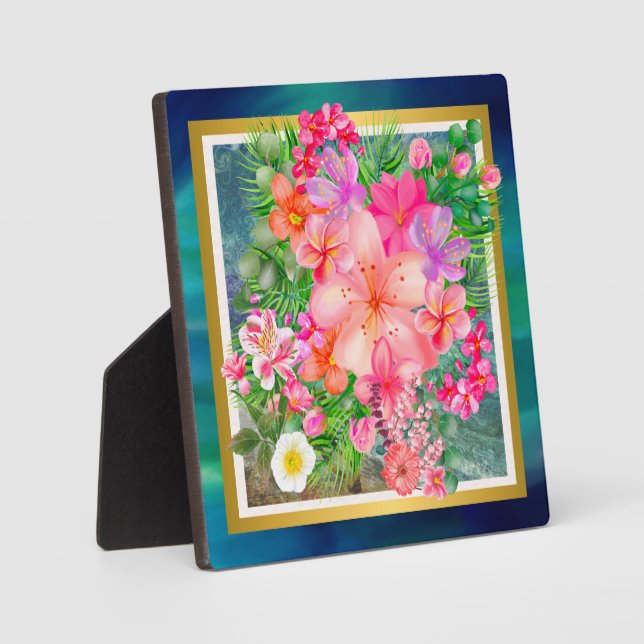 Luxury Colourful Flowers Pink, Green, Purple, Gold Plaque (Front)