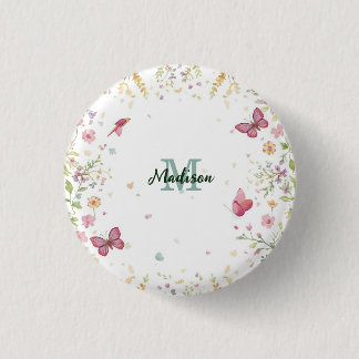 Luxury Colourful  Wildflower Flower blue butterfly 1 Inch Round Button