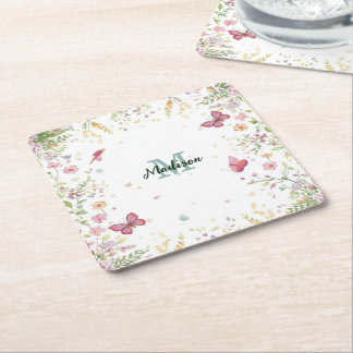 Luxury Colourful  Wildflower Flower blue butterfly Square Paper Coaster