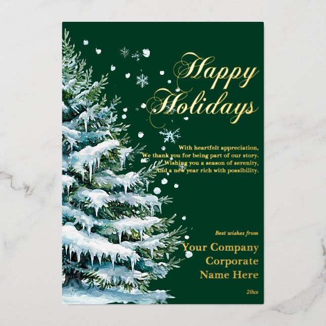 Luxury Corporate Snow Evergreen Holiday Foil Card (Front)