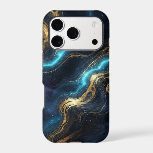 Luxury Cosmic Fluid Marble Black Gold Cyan Blue