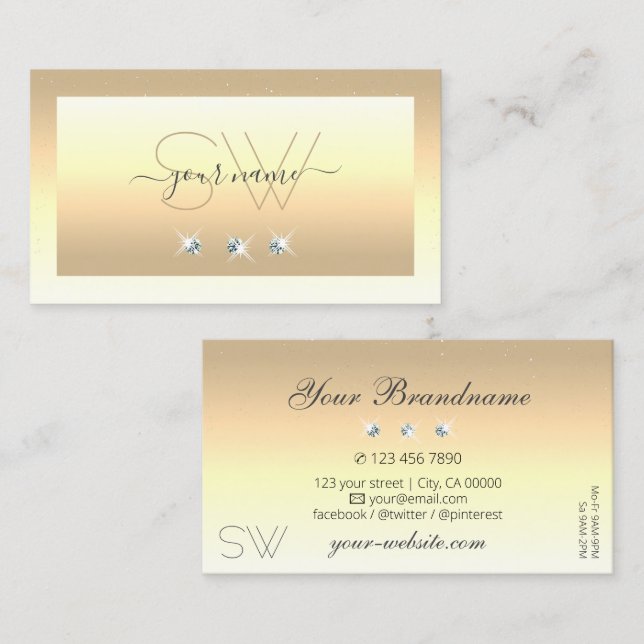 Luxury Cream Beige Ombre Sparkle Diamonds Initials Business Card (Front/Back)