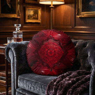 Luxury Crimson Red Baroque Mandala Round Pillow